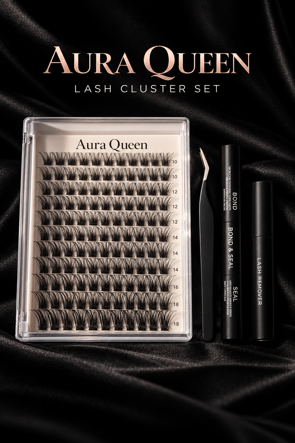 Aura Queen lash cluster set styled on black silk