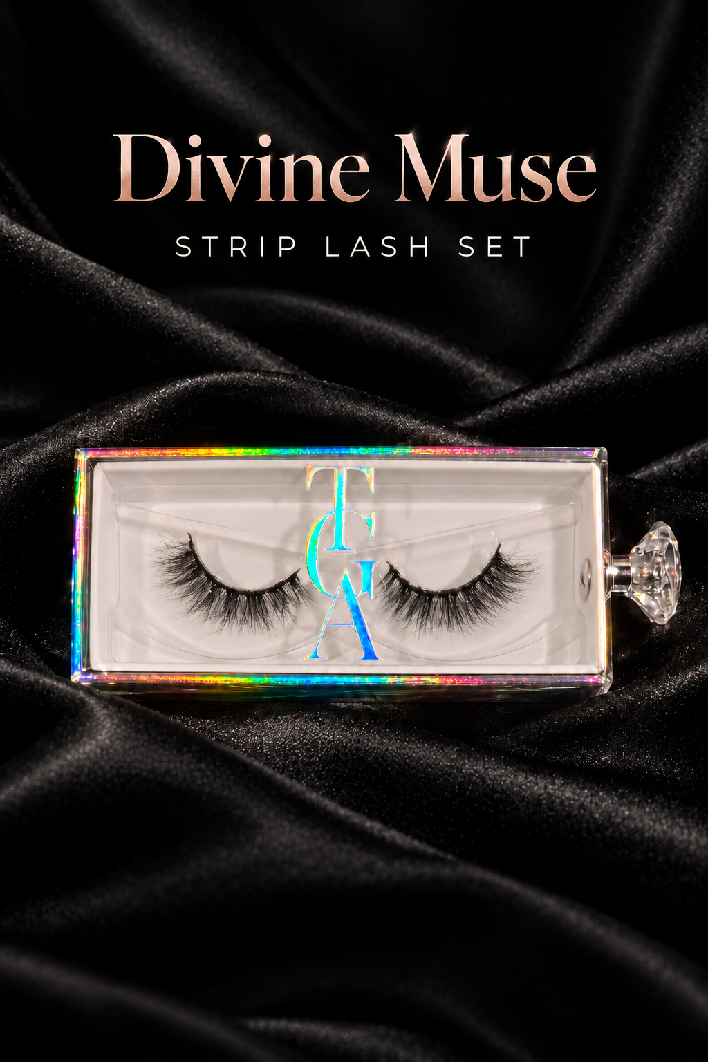 Divine Muse airy wispy strip lashes in holographic box on black silk