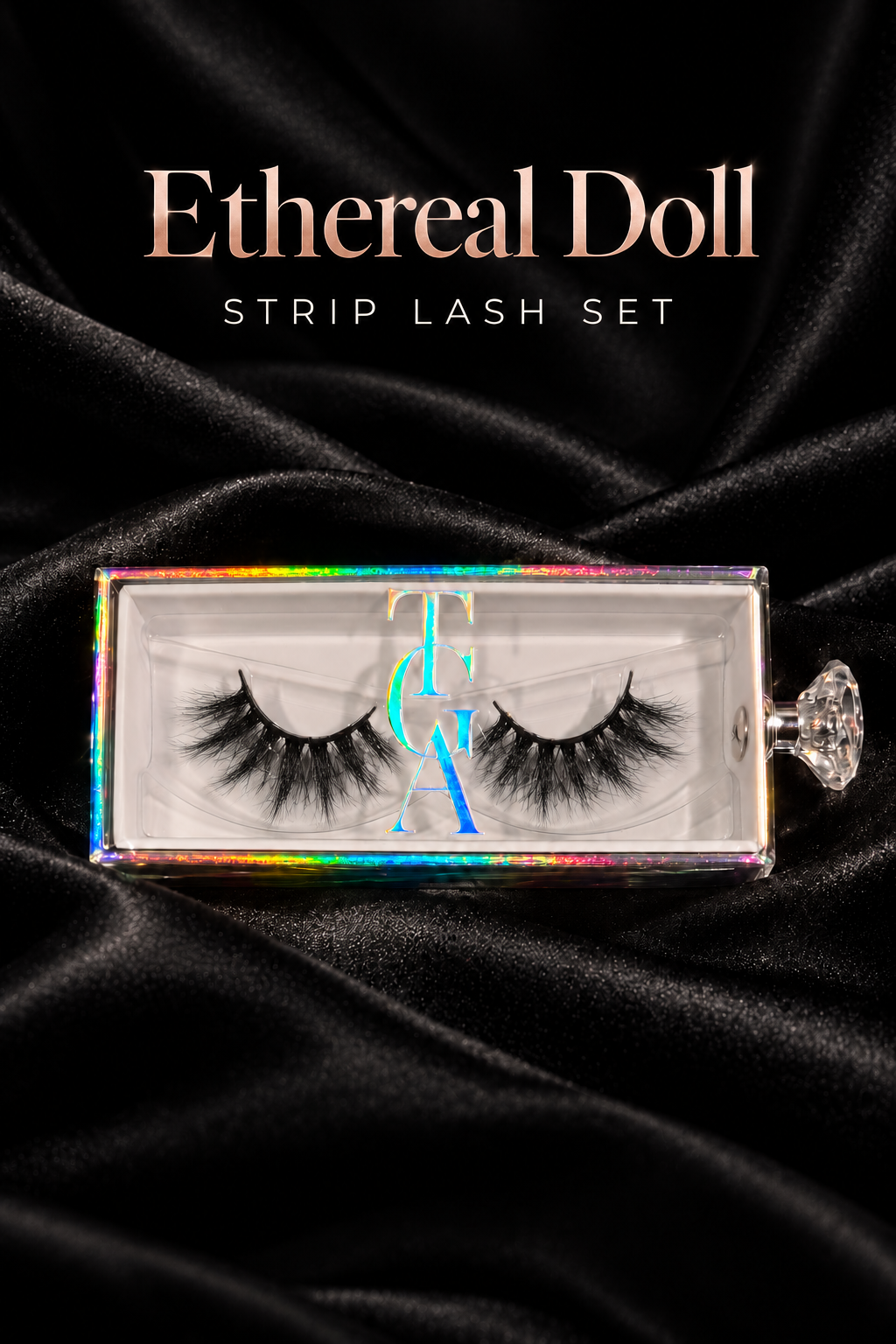 Ethereal Doll wispy strip lashes in holographic box on black silk