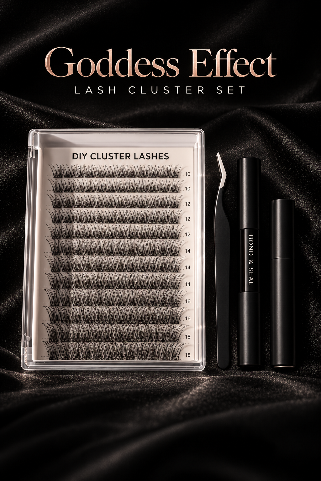 Goddess Effect lash cluster set on black silk styled preview