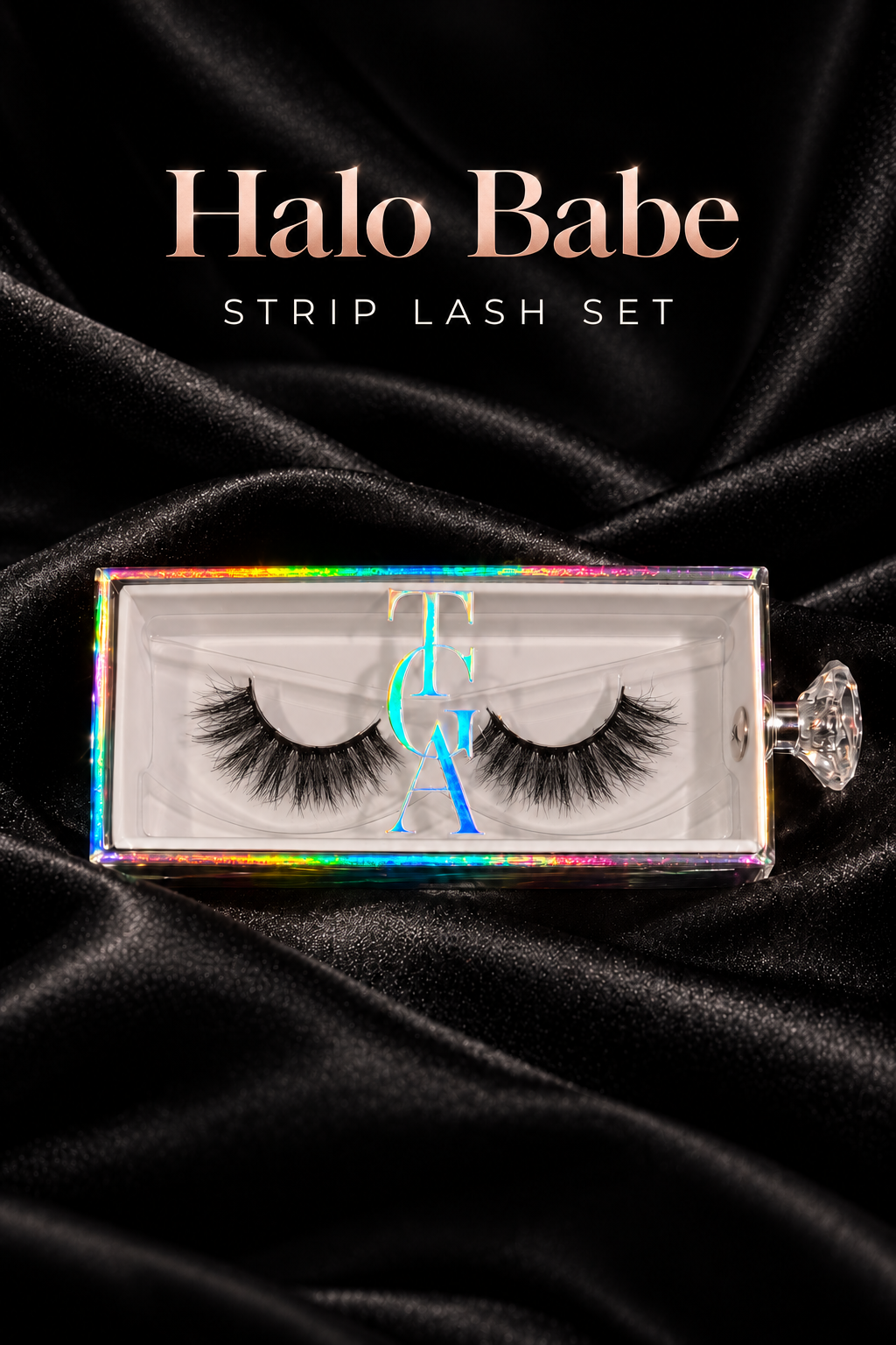 Halo Babe fluffy strip lashes in holographic box on black silk