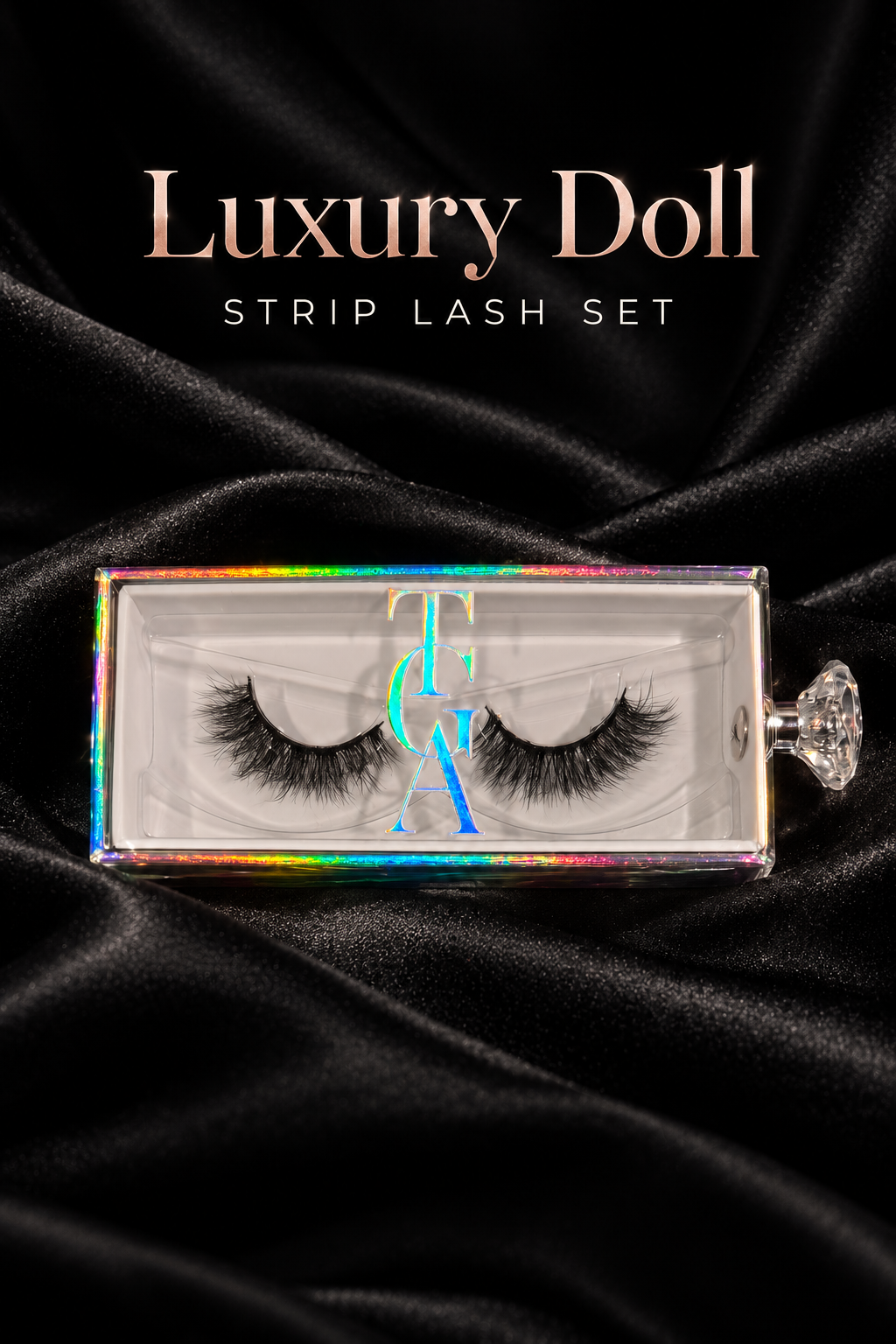 Luxury Doll strip lashes in holographic box on black silk