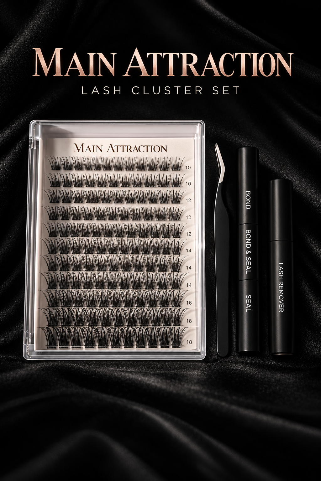 Main Attraction lash cluster set on black silk