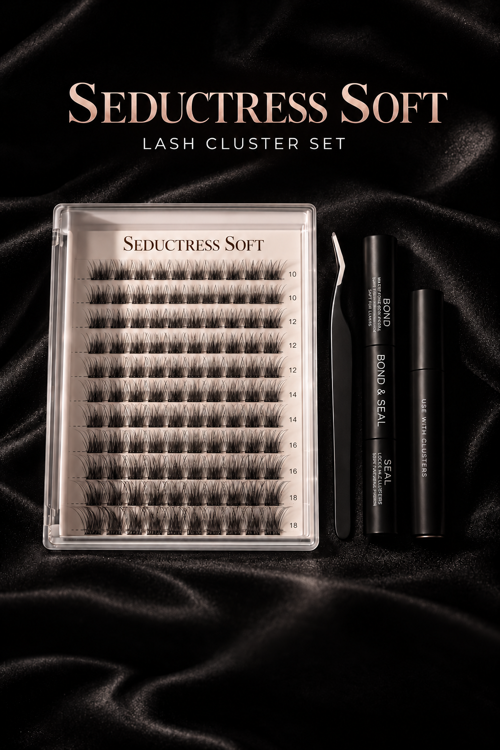 Seductress Soft lash cluster set styled on black silk