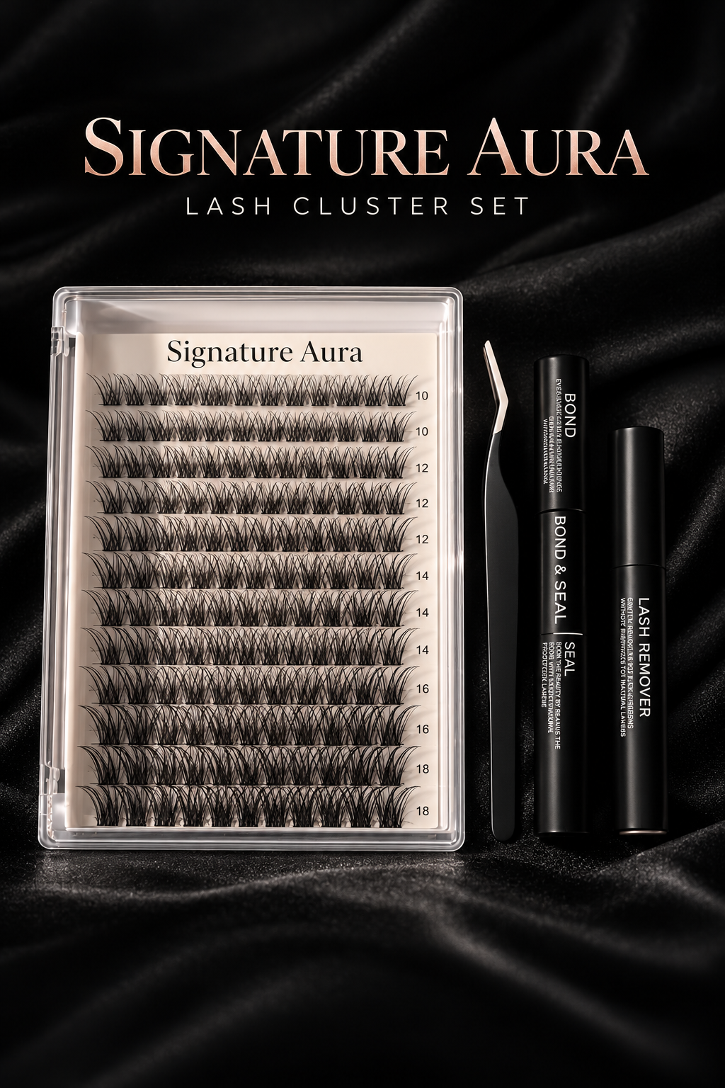 Signature Aura lash cluster set on black silk